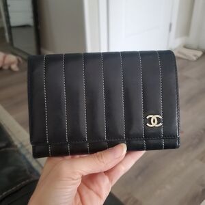 chanel mademoiselle black leather compact wallet